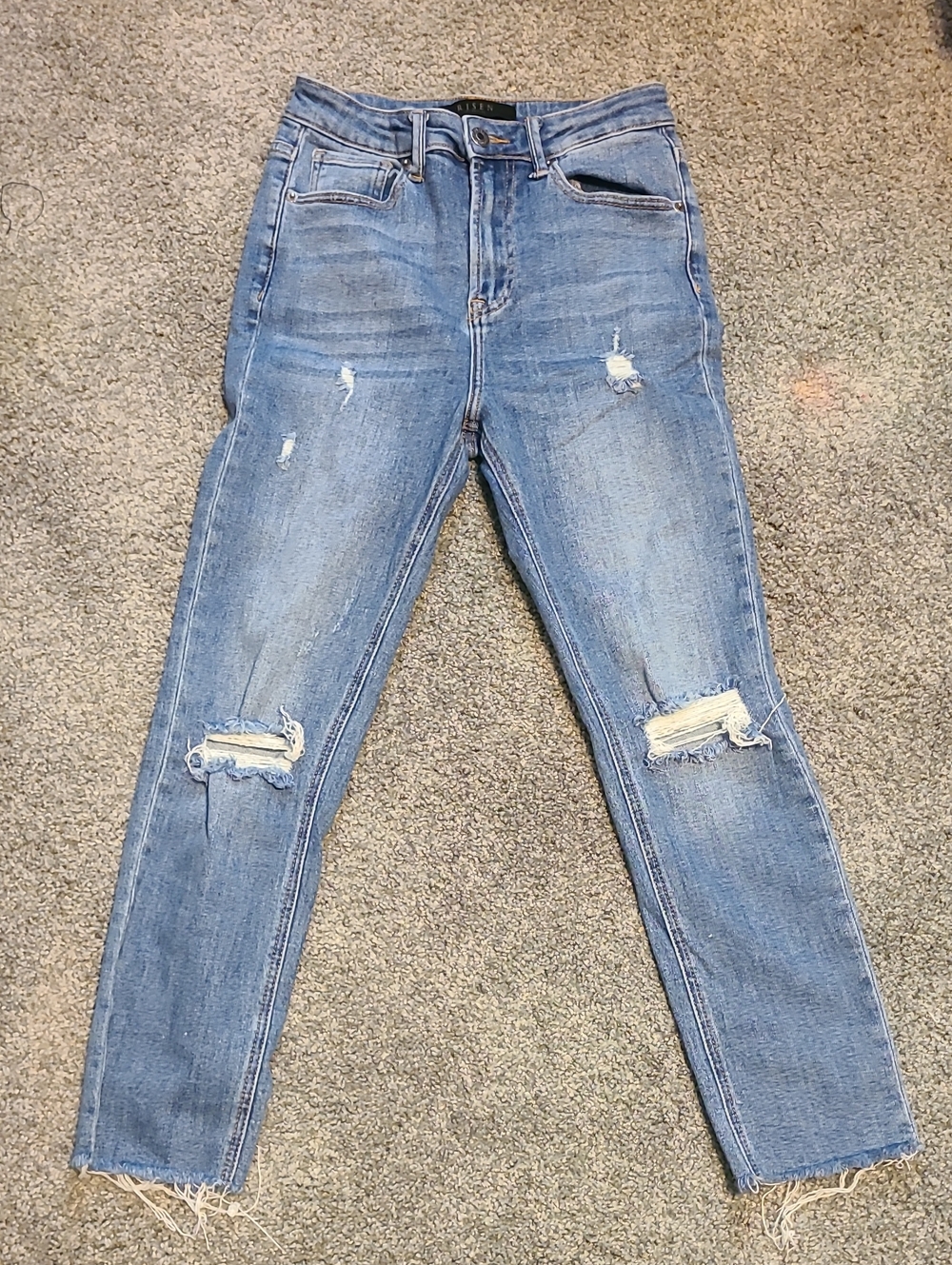 RISEN High-Rise Distressed Women's Jeans - Light Blue
